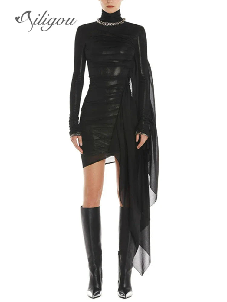 Ailigou New Women's Black Sexy Perspective Mesh Pleated Design Long sleeved Tight Mini Dress Elegant Celebrity Party Dress