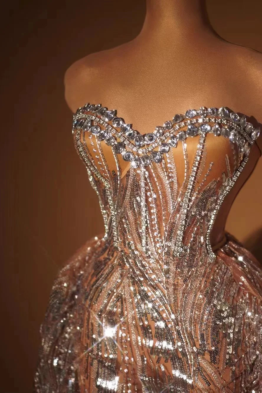 2024 Silver Sparkly Crystal Women Strapless Laced-up 2 Pieces Long Dress Celebrate Birthday Photo Shoot Performance