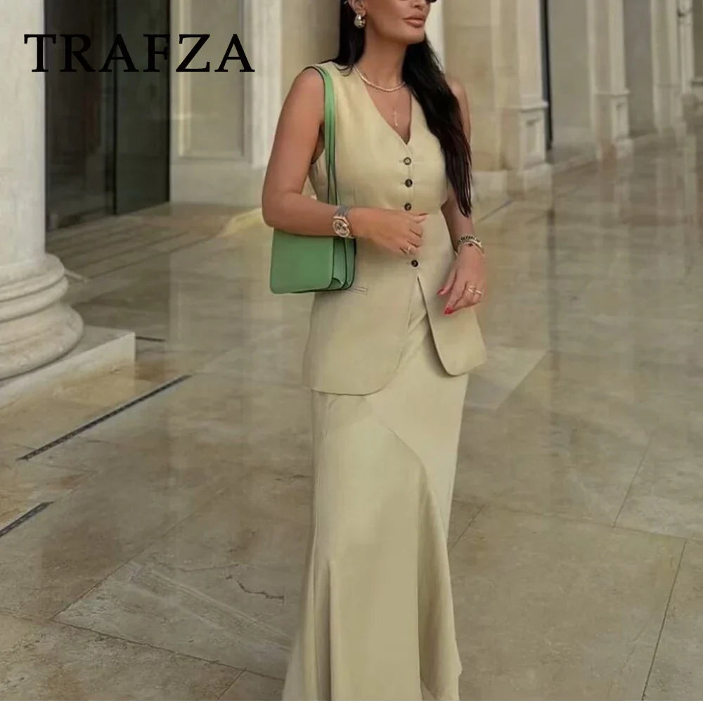 TRAFZA Spring Summer Women Vintage Solid Suit Single Breasted Long Vest+Zipper Draped Long Skirt Casual Women Elegant Sets