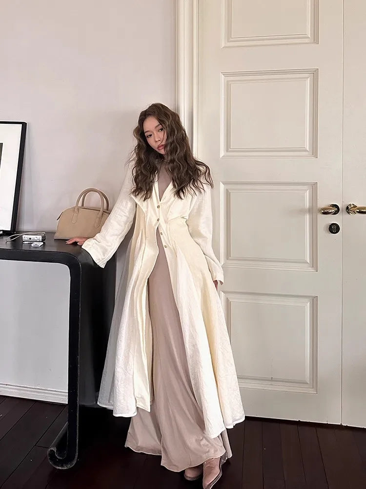 Lautaro Autumn Long Thin Flowy Fit and Flare Linen Coat for Women Black Elegant Chic Luxury Designer Clothes Runway Fashion 2025 Black