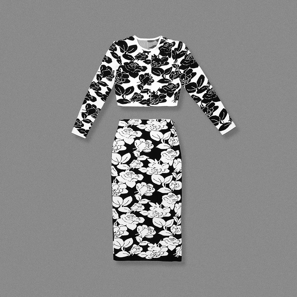 Hit Color Printing Two Piece Sets for Women Round Neck Long Sleeve Patchwork Button Top High Waist Skirt Set Female ASPICTURE