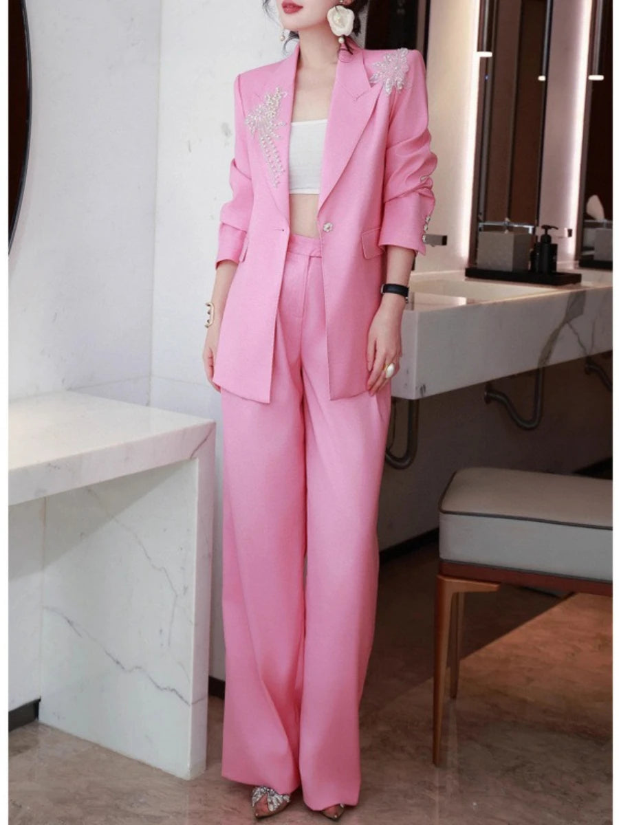 Solid Spliced Appliques Two Piece Sets for Women Lapel Long Sleeves Patchwork Button Top High Waist Pant Set Female PINK