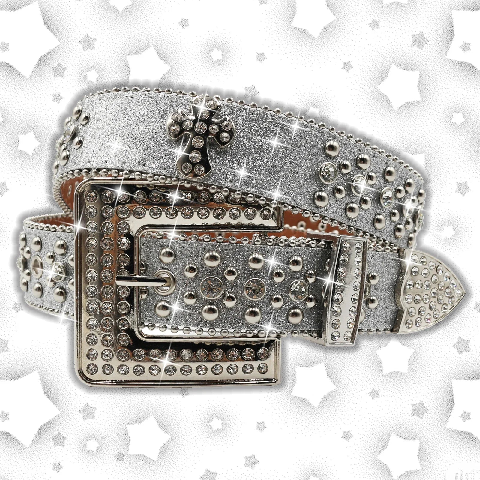 Vintage Dark Rhinestone Rivet Belt for Women Sequin Punk Hip Hop Jeans Accessories Luxury Designer bb Belt Beautiful FK-Cross-Silver