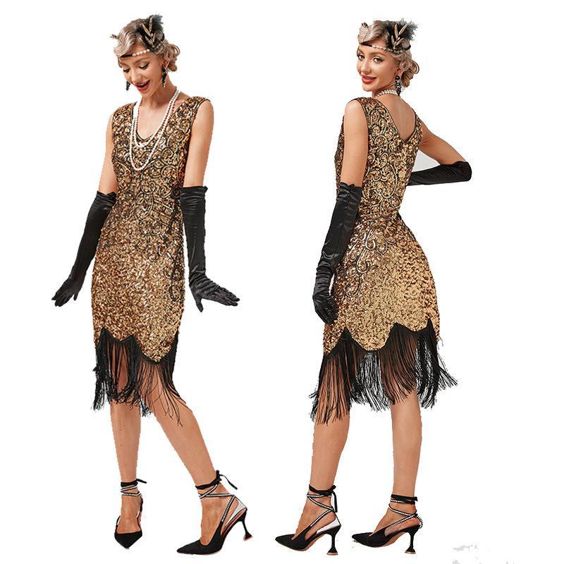 Robe Vintage à franges pour femmes, tenue d'été des années 1920, à franges, pour bal de fin d'année, fête de mariage, paillettes perlées, col rond, Costume des années 30