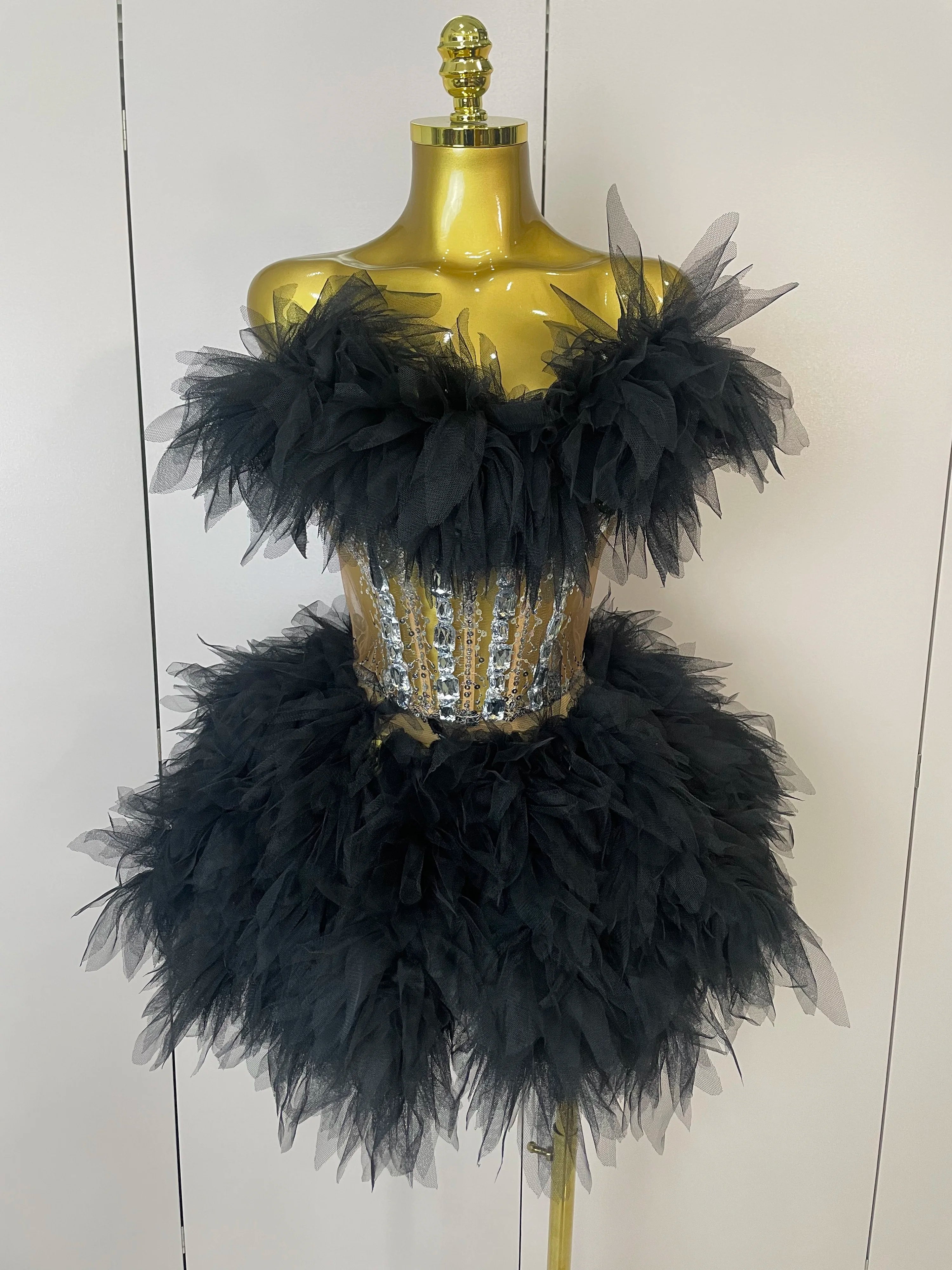 2025Women Sexy Backless Strap Mesh Fluffy Skirt 2 Pieces Diamond Sequins Stage Performance Costume Birthday Party Shooting Dress black