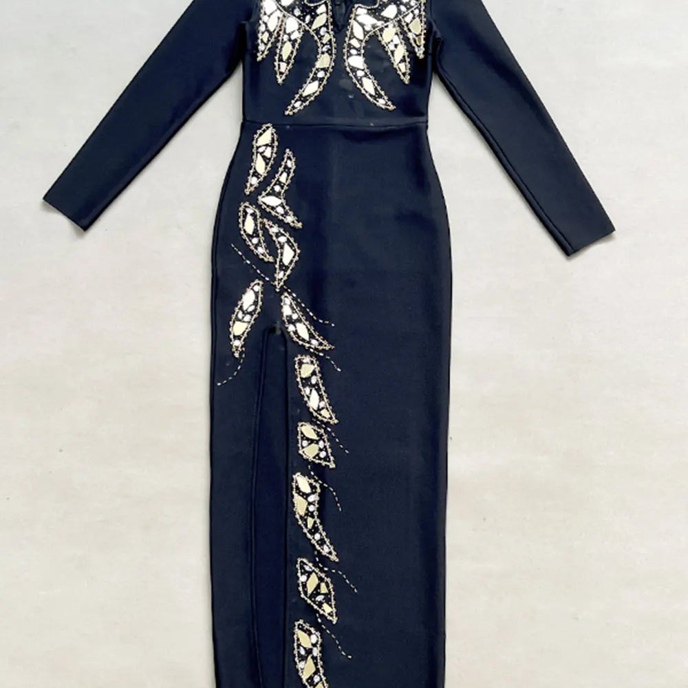 2024 Women's Heavy Industry Nail Bead Design Bandage Dress V-neck Long Sleeve Bodycon Split Length Dresses Club Party Vestido black