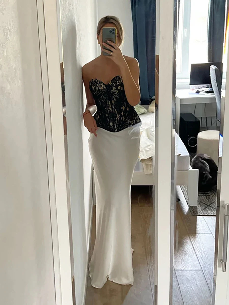 Bornladies Casual Satin Women'S Skirt Spring Summer Fashion Loose High Waist Maxi Skirts Elegant Simple Slik Fishtail Skirt WHITE