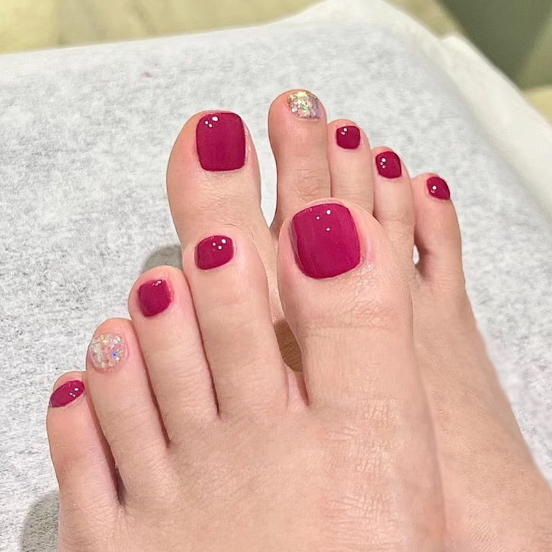 Toe Nails Set French Press on Foot Tips Fake Nail Tips with Designs Summer Reusable Artificial False Stick-on Nails Art 24pcs 2341