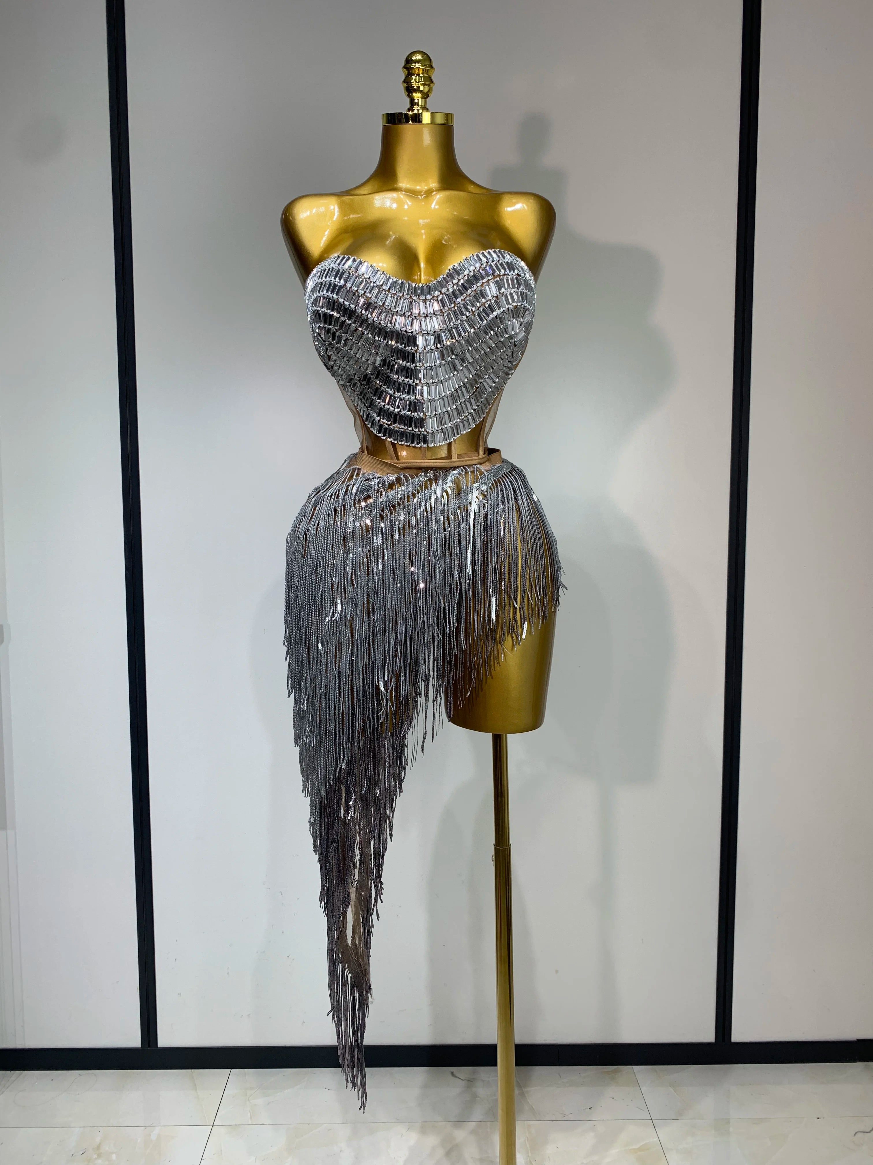 Sexy Sparkly Diamond Tassel Two Piece Set Women Evening Party Luxury Birthday Nightclub Singer Dancer Performan Stage Costume Silver