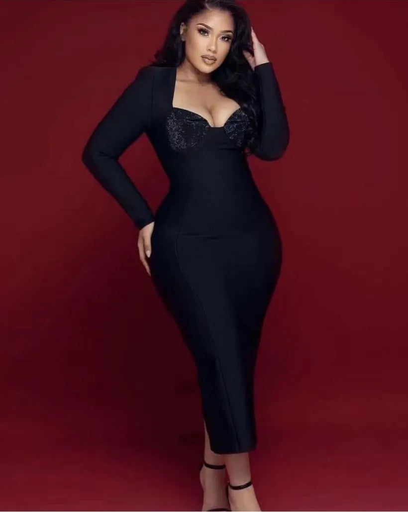 Black Red Color Women Long Sleeve Sexy Square Collar Rhinestones Bodycon Bandage Long Dress Nightclub Party Celebrate Dress black