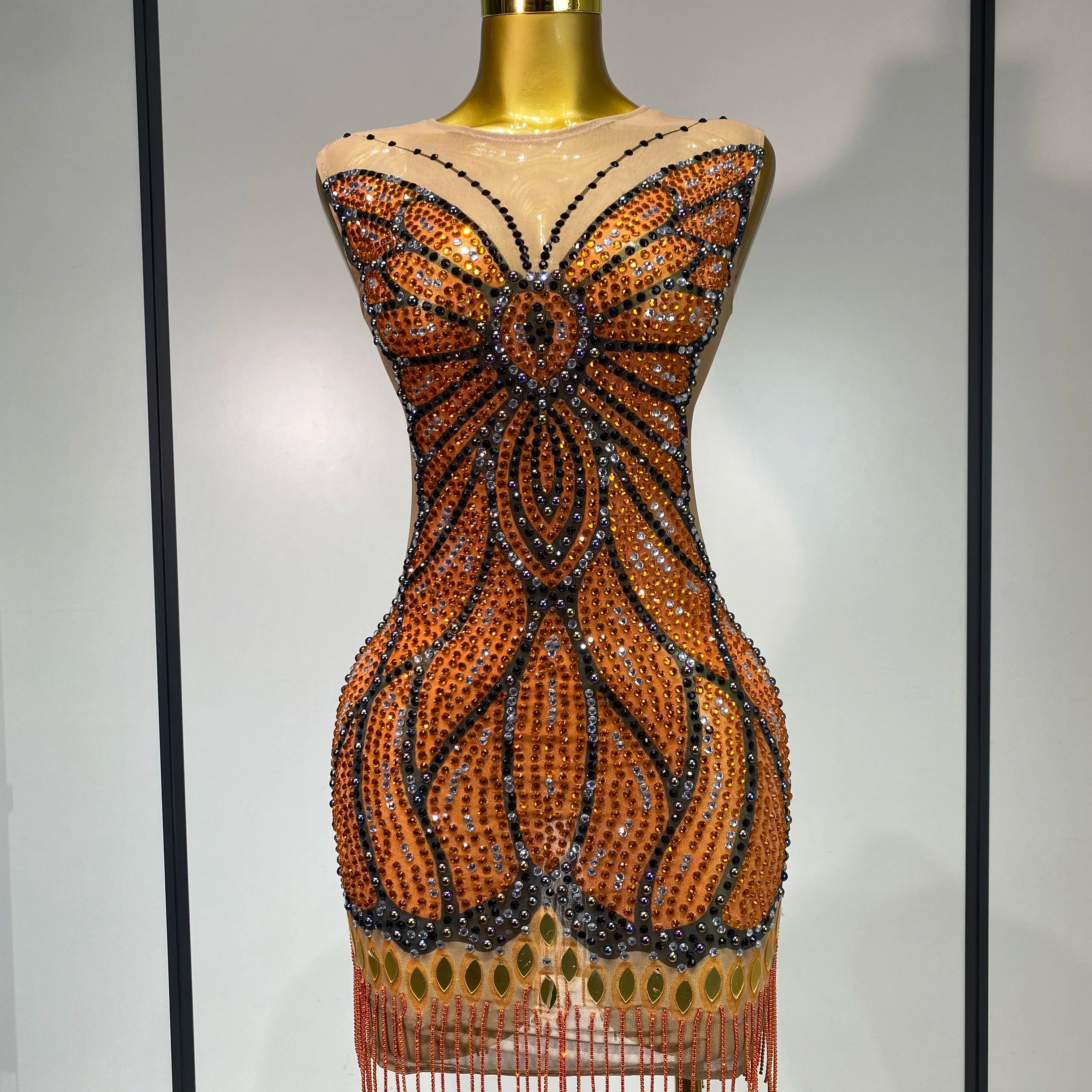 Luxury Rhinestones Mesh Long Dress 2025 Elegant Sexy Sleeveless Birthday Evening Party Gown Performance Singer Stage Outfit Orange