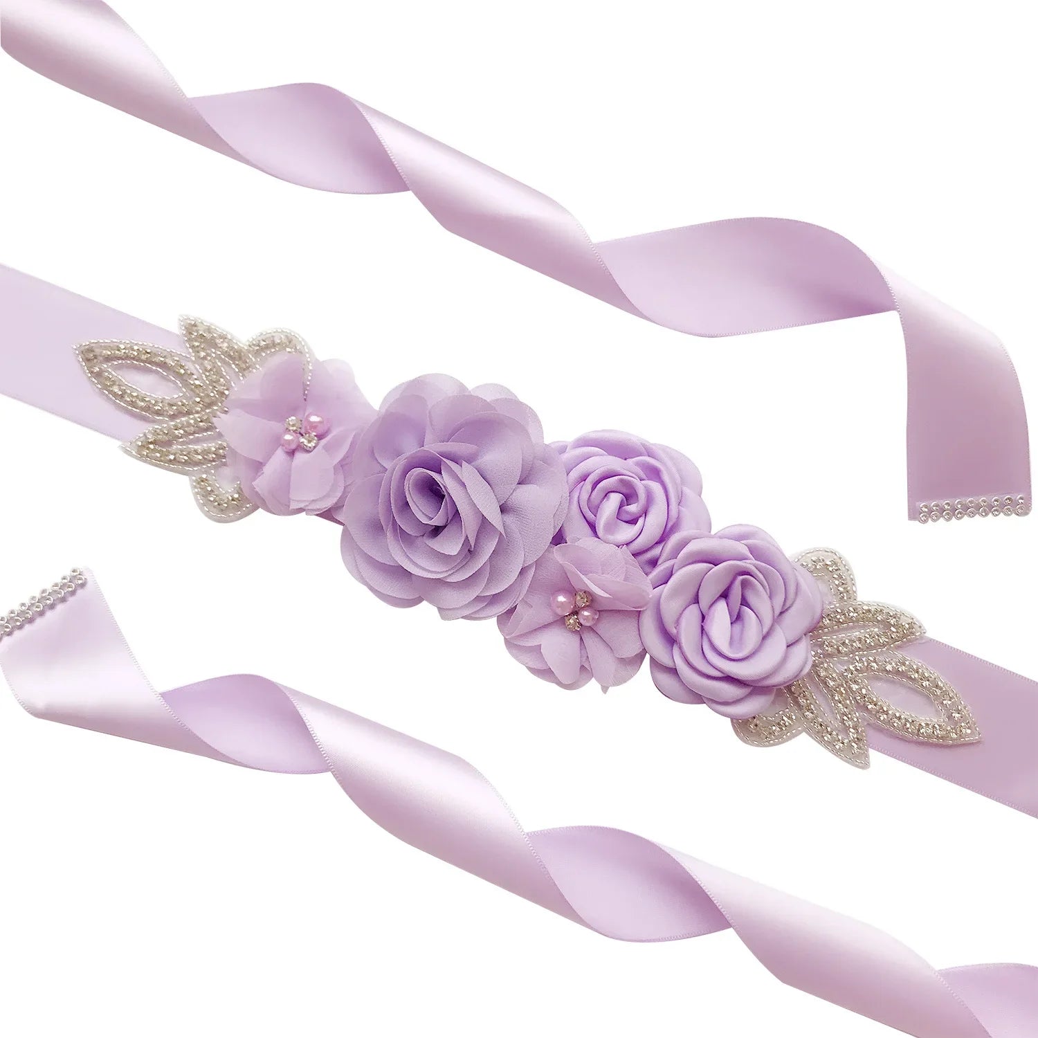 Wedding Accessories Bridal Belts Satin Flower Sash Woman Girl Belts Flower Bead Belts Floral Belt Wedding Rhinestone Flower Belt 1-Lavender