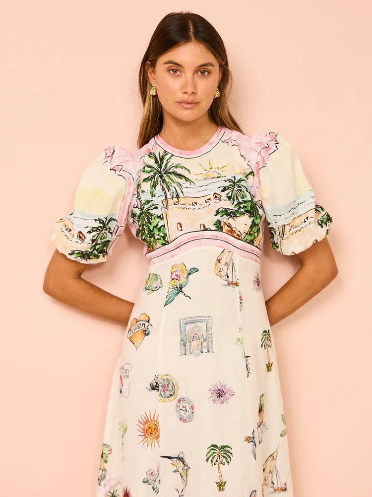 Women Casual Print Empire Waist Long Dress Short Sleeve Comfortable Loose Vintage Robe Party Club Vestidos Spring NEW