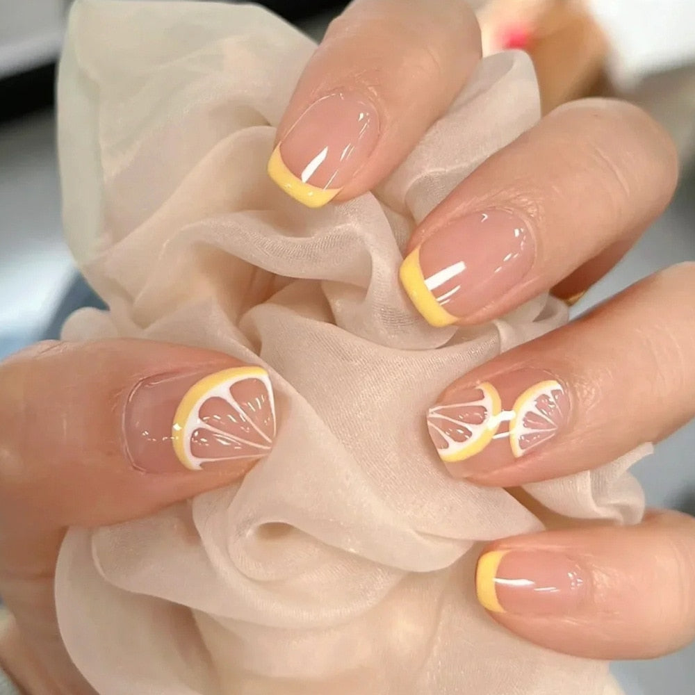 24pcs Lemon Short Wear Tips Nail False Patch Press on Nails Supplies for Professionals Artifical Fake Nails Faux Ongles Uñas DY124-Fake Nails Art