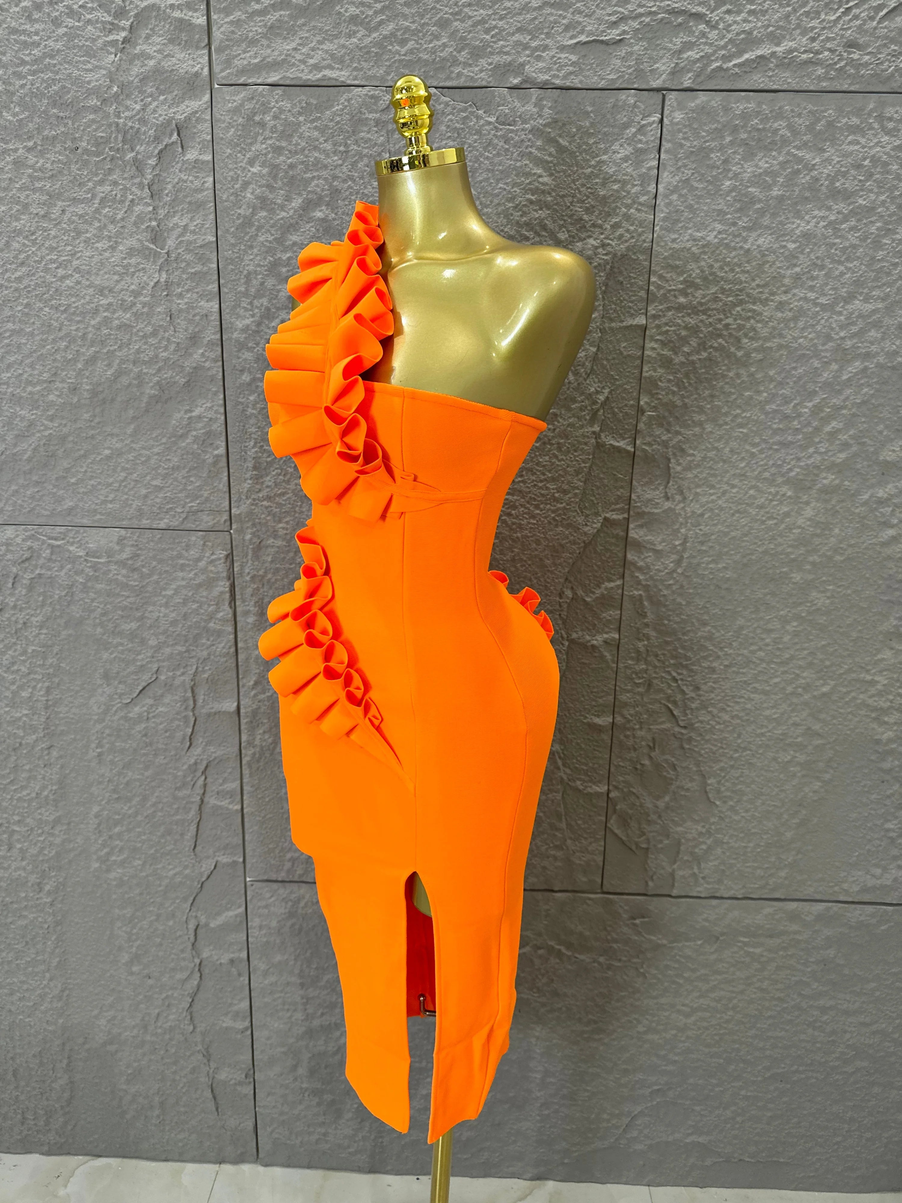 Sexy One-Shoulder Bodycon Midi Dress Women Sexy Ruffle Embellished Waist Cutout High Slit Outfit Evening Gala Party Costume