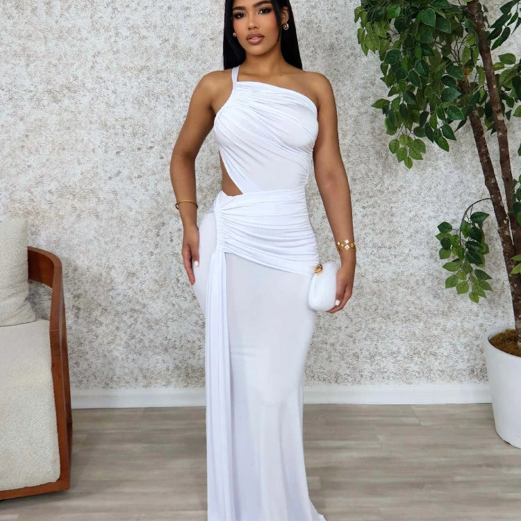Women Sleeveless Hollow Out Strap Ruched Maxi Long Dress 2025 Summer Street Sexy Party Birthday Evening Dresses Vestidos