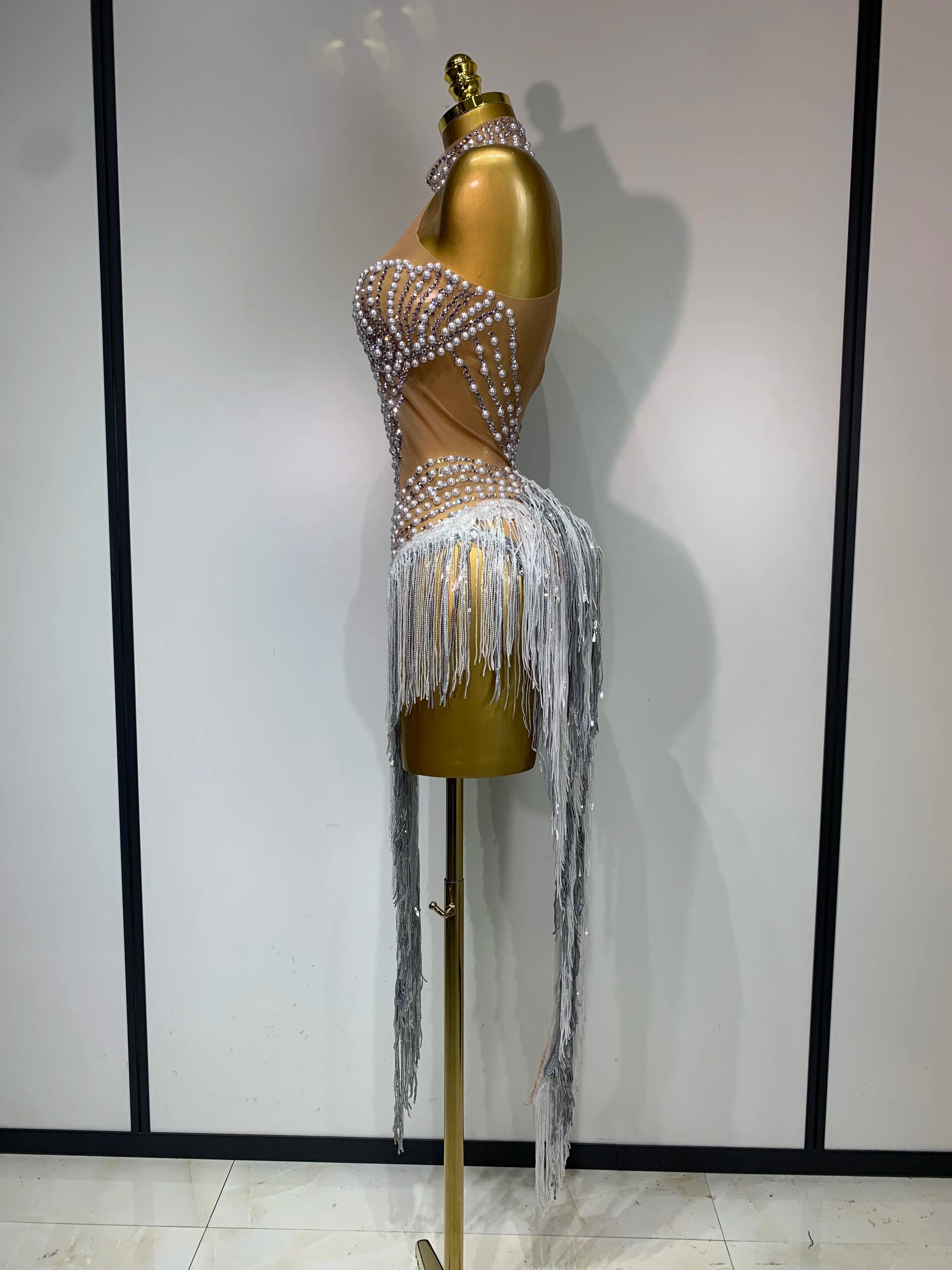 Women Sparkly Rhinestones Pearls Tassel Sexy Mesh See Through Dress Latin Dance Outfits Bar Nightclub Party Stage Costume