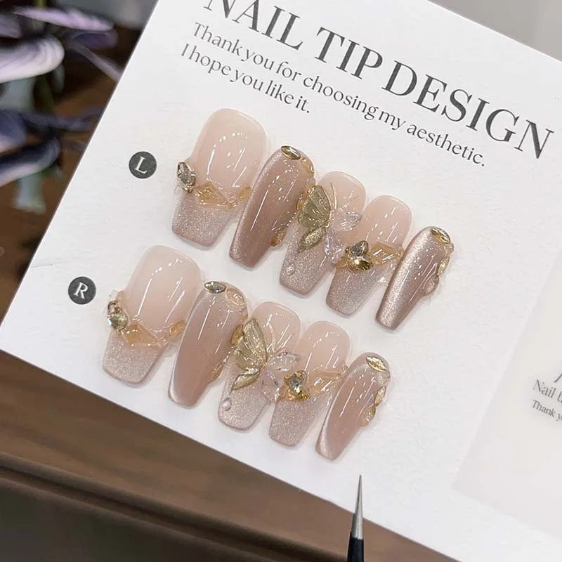 Press on Fake Nails Mid-length Glitter Ballet French False Nails with Glue Cat Eye Nails with Butterfly Designs Nail Full Cover 1 S