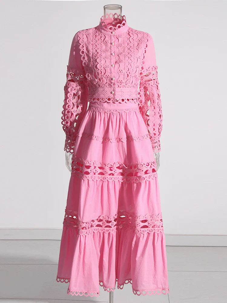 Elegant Two Piece Sets For Women Stand Collar Lantern Sleeve Tops High Waist Skirt Hollow Out Set Female Clothing PINK