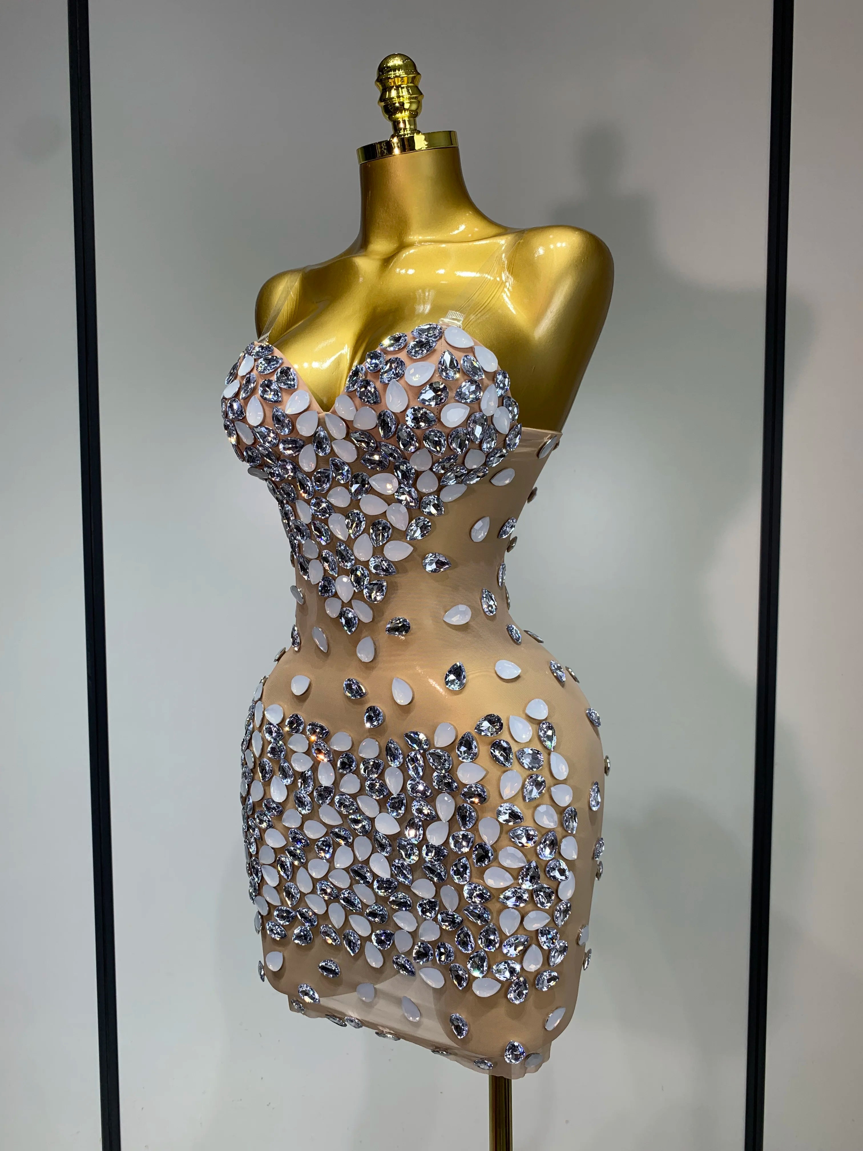 Sexy Sparkly Rhinestone Backless Mini Dress Women Sleeveless Mesh See Through Evening Party Luxury Birthday Gown Stage Outfit