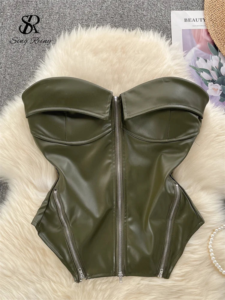 SINGREINY Strapless PU Leather Short Tank Top Fashion Zipper Design Slim Chic Backless Camis Ladies Streetwear Club Sexy Top green One Size