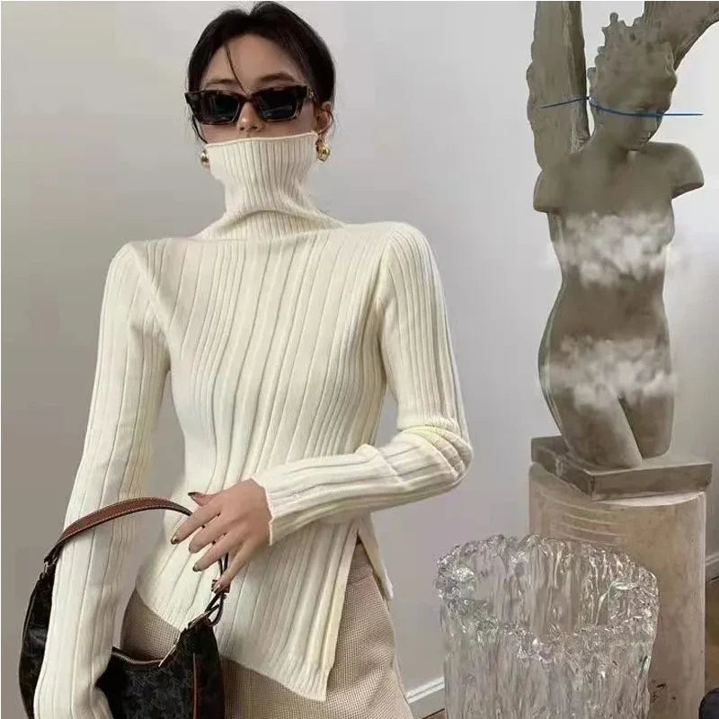 Turtleneck Women Sweater 2021 Autumn Winter New Side Slit Pullover Tops Korean Fashion Knit Sweaters Long Flare Sleeve Basic White Turtleneck