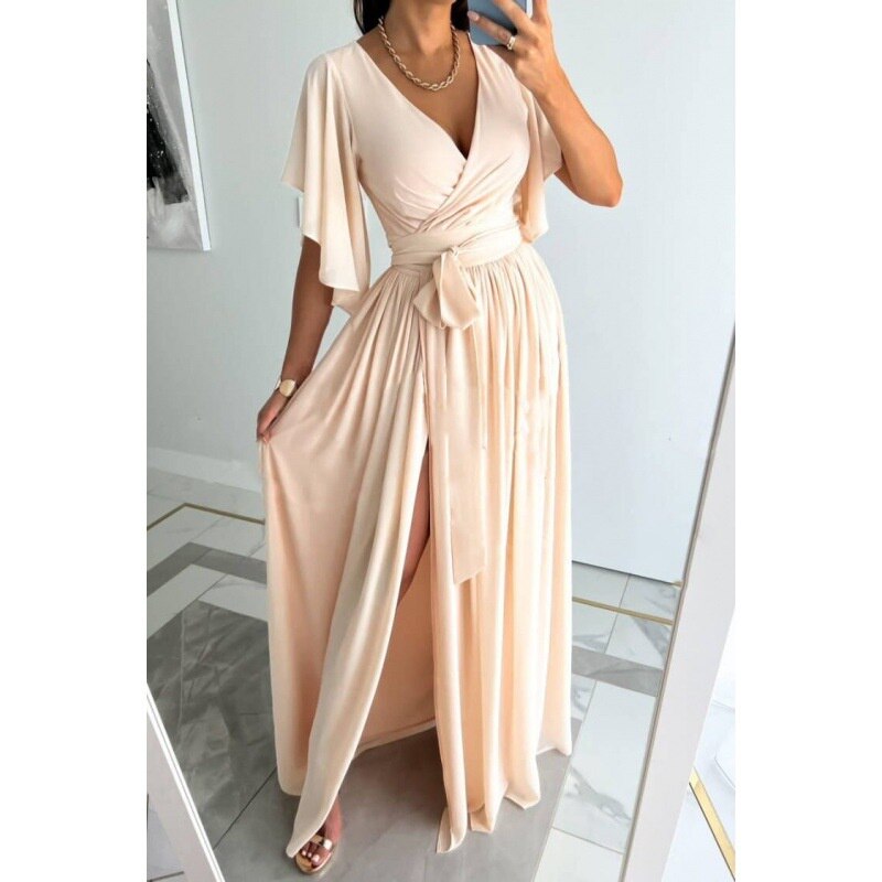 Solid Color High Waist Lace-up Gown Ladies Elegant Commuter Evening Party Split Hem Dressy Women's V Neck Flared Sleeve Dresses