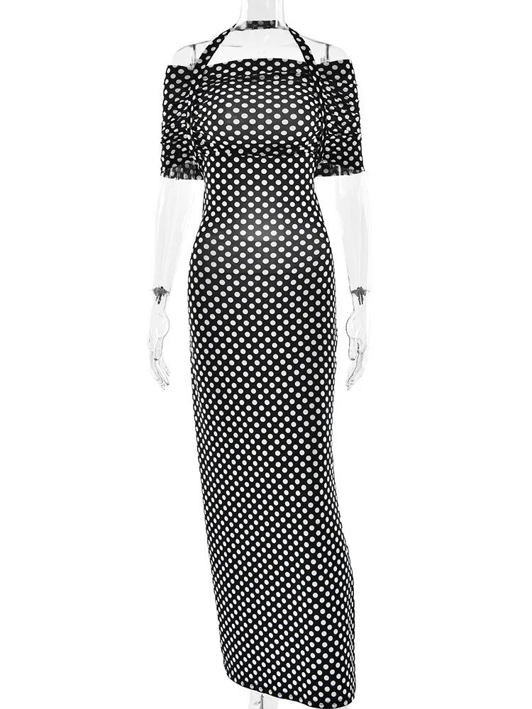 Mozision Off-shoulder Polka Dot Maxi Dress For Women Gown Fashion Halter Sleeveless Backless bodycon Split Long Dress Elegant