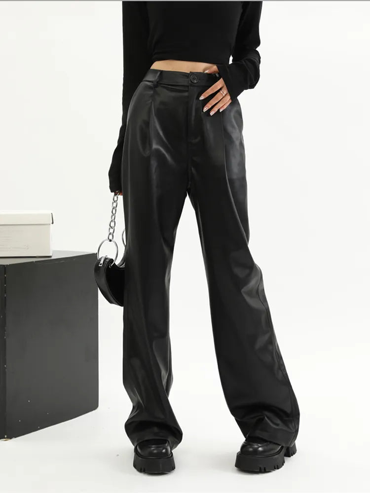 Straight Leather Pants Women High Waist PU Leather Trousers Baggy Black Female Streetwear Clothing New Fashion Ladies