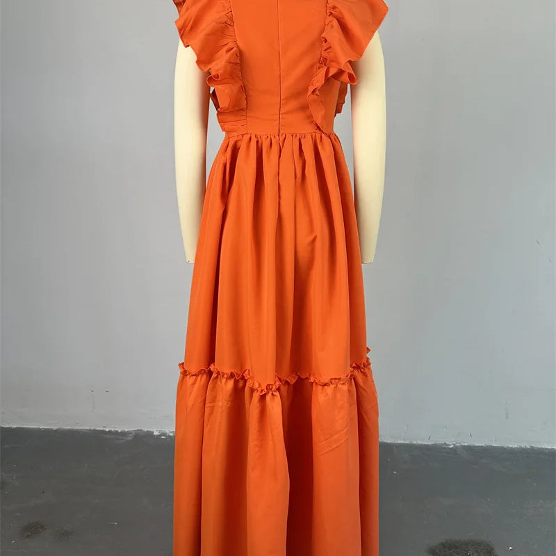 2024 Summer Ruffles Short Sleeve Sweet Cute O-Neck Floor-Length Long Women Dress Beach Streetwear Big Swing Maxi Dresses