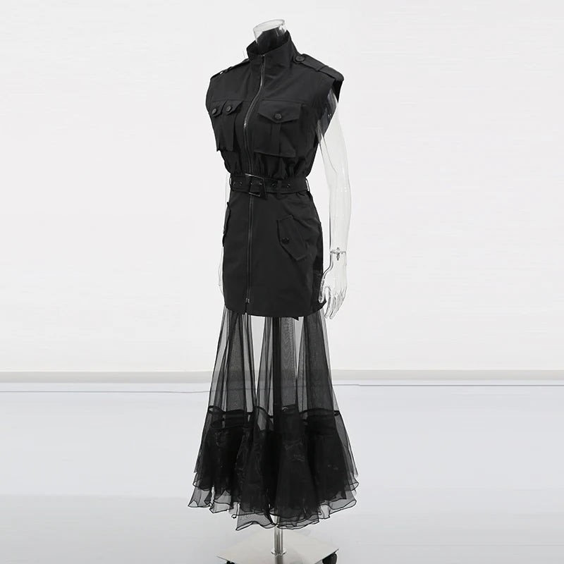 Solid Sheer Spliced Mesh Folds Dress for Women Round Neck Sleeveless Patchwork Zipper elegant Dress Female Fashion