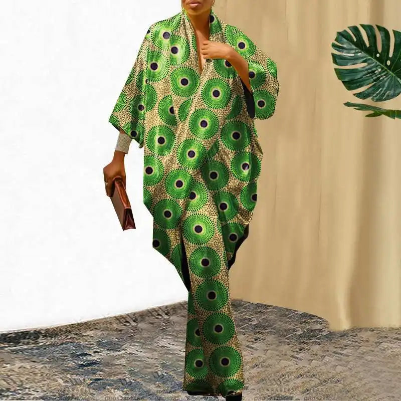 Plus Size 5XL VONDA Elegant Women Pants Sets 2024 3/4 Sleeve Elastic Waist Tops Trousers Casual Pleated Wide Leg Pants Suits green