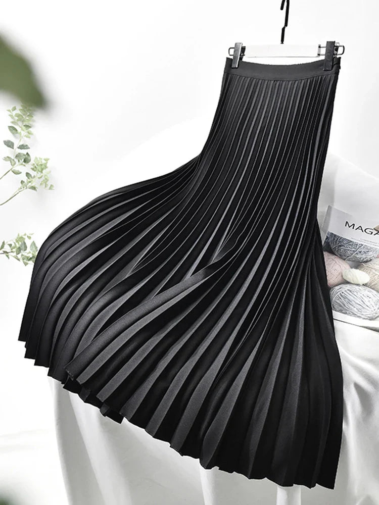 Brand Designer Women Spring Autumn Elegant Chic Solid Pleated Skirt High Waist Luxury Fashion With Elastic Female C-035 Black