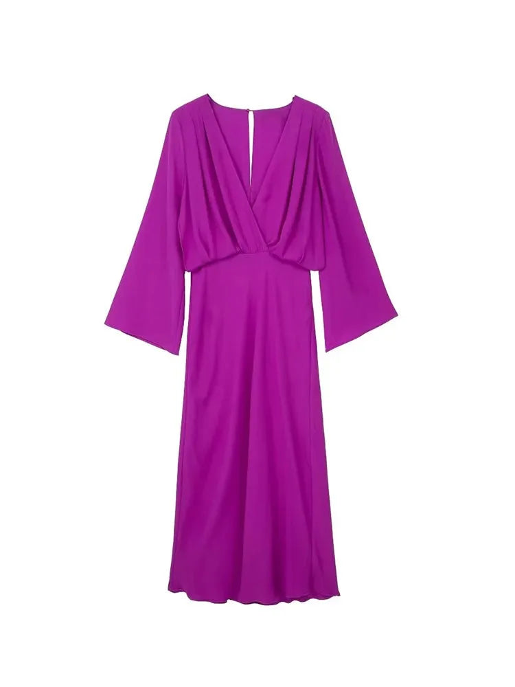 Bohemian Solid V-Neck Dress Women Elegant Flared Sleeve Female Midi Dresses New Spring Loose Beachwear Vintage Casual Vestidos
