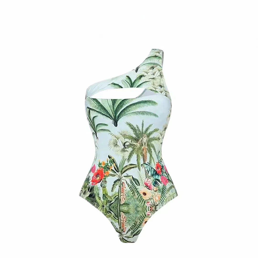 Fashion Tropical Print One Piece Swimsuit Cover Up Set Women Cutout Two Piece Swimwear Bikini Luxury Bathing Suit Beachwear