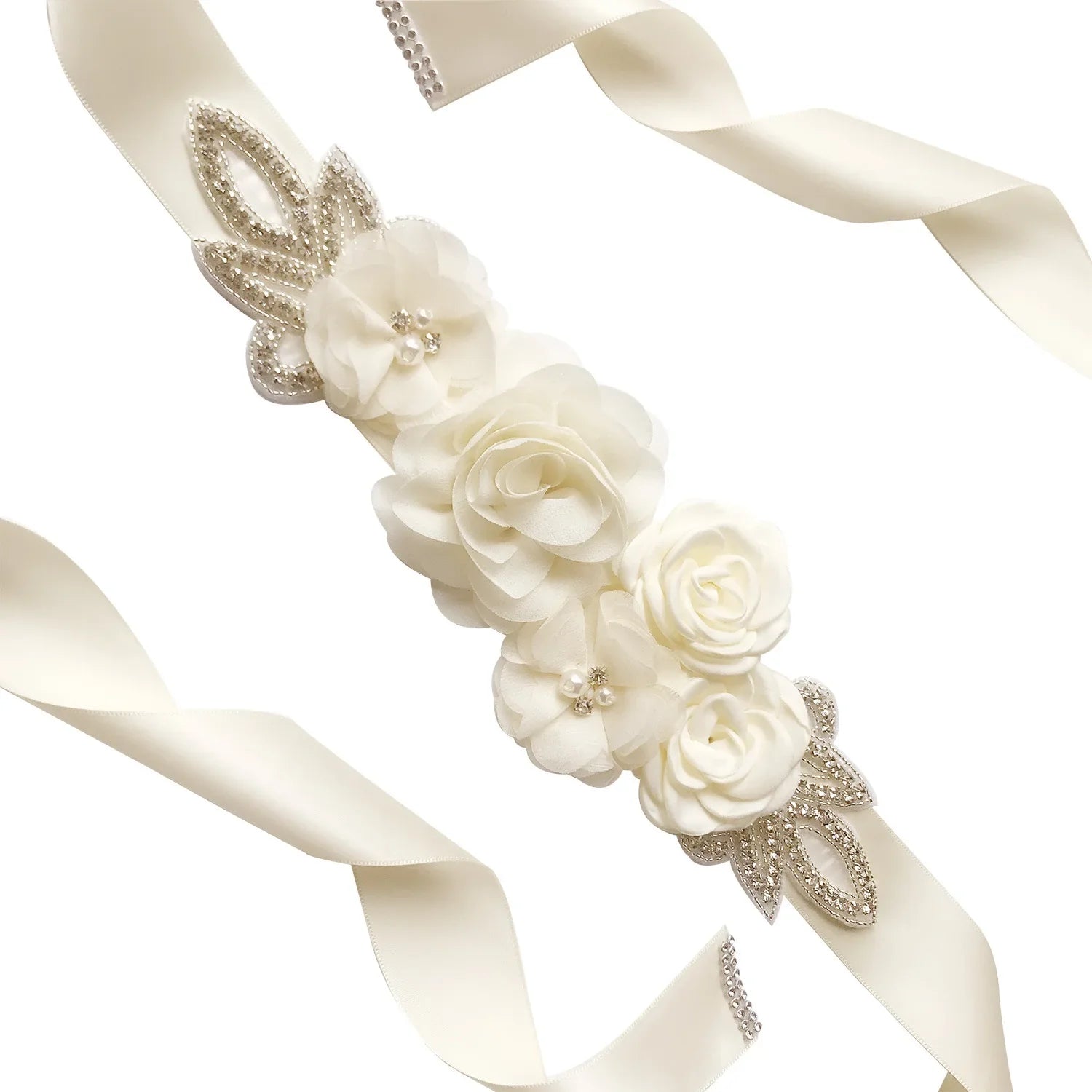 Wedding Accessories Bridal Belts Satin Flower Sash Woman Girl Belts Flower Bead Belts Floral Belt Wedding Rhinestone Flower Belt 1-Ivory