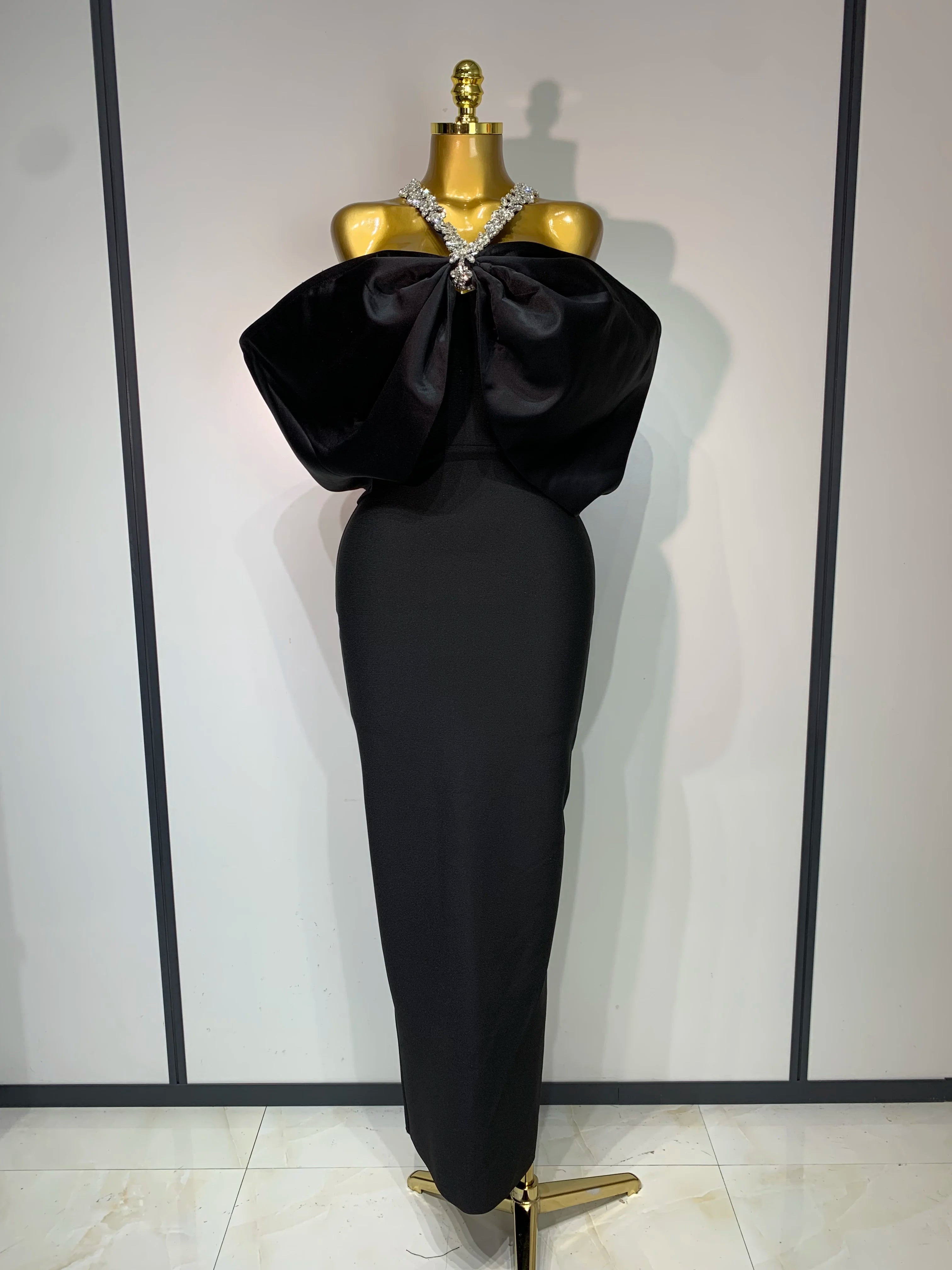 Women Sexy Off the Shoulder Crystal Halter Bodycon Long Bandage Dress Celebrate Evening Party Cocktail Luxury Birthday Dresses black