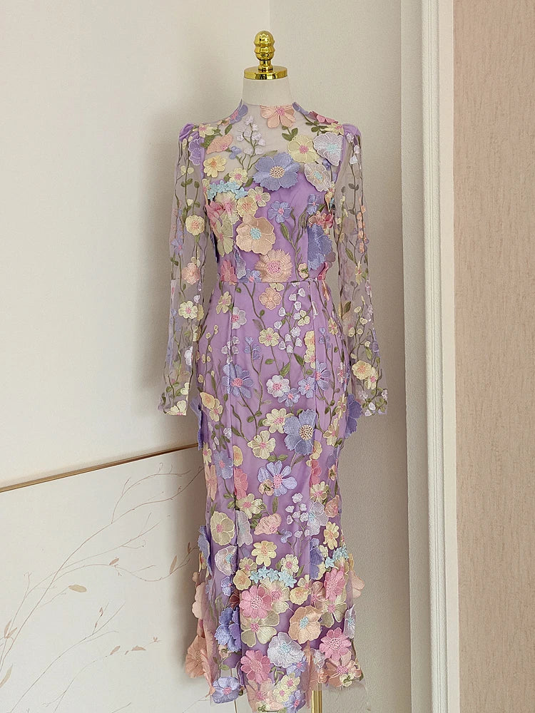 JAMERARY Runway Spring/Summer New Mesh 3D Flower Embroidery Perspective Evening Prom Dress Women Holiday Robe Vestido Party purple longsleeve