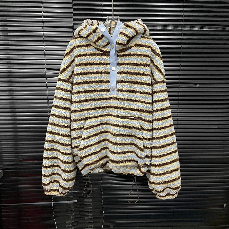 Autumn Winter New Plush Striped Two-pieces Set For Women Warm Thickened Hooded Sweatshirt Casual Shorts 11A07889