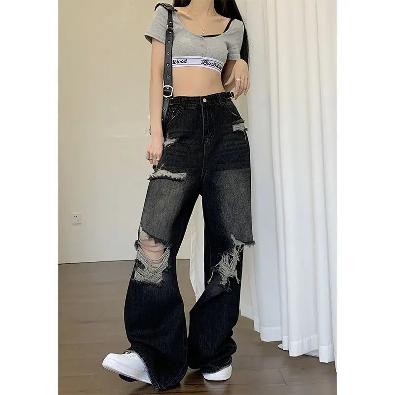 Trendy High Waisted Ripped Jeans for Women, Black Denim Pants with Unique Hole Washed Vibe Gothic Style Baggy Rip Jeans Woman Black