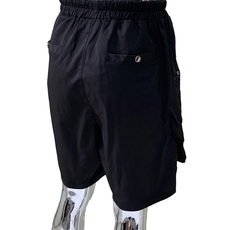 Lautaro Summer Autumn Black Cargo Shorts for Men High Elastic Waist Drawstring Pockets Loose Casual Short Straight Pants Clothes