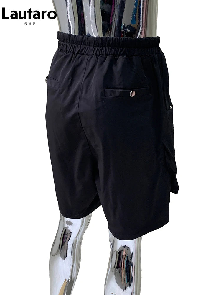 Lautaro Summer Autumn Black Cargo Shorts for Men High Elastic Waist Drawstring Pockets Loose Casual Short Straight Pants Clothes