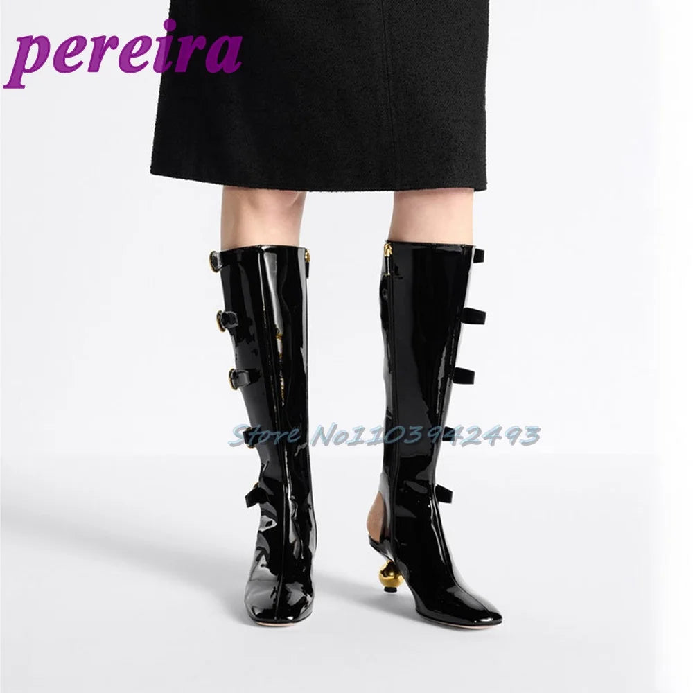 Multi Buckle Strap Heels Strange Style Women Summer Boots Metal Decor Heeled Sandals Square Toe Patent Leather Hollow Sandalias