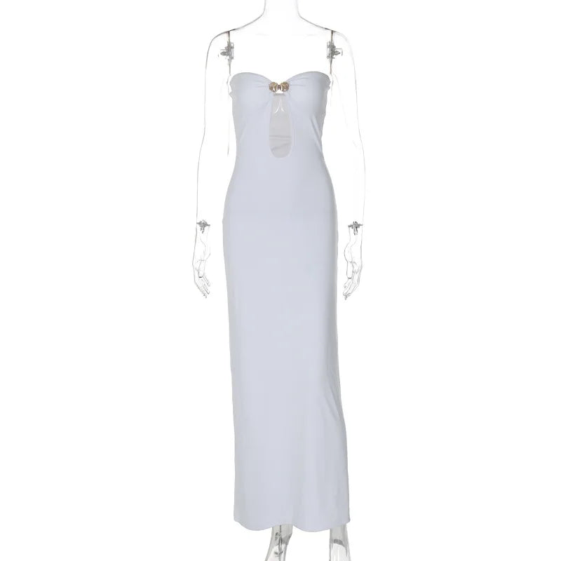 Metal Button Strapless Backless Long Dress Women Fashion Hollow Out Off-shoulder Sleeveless Bodycon Party Midi Dress White