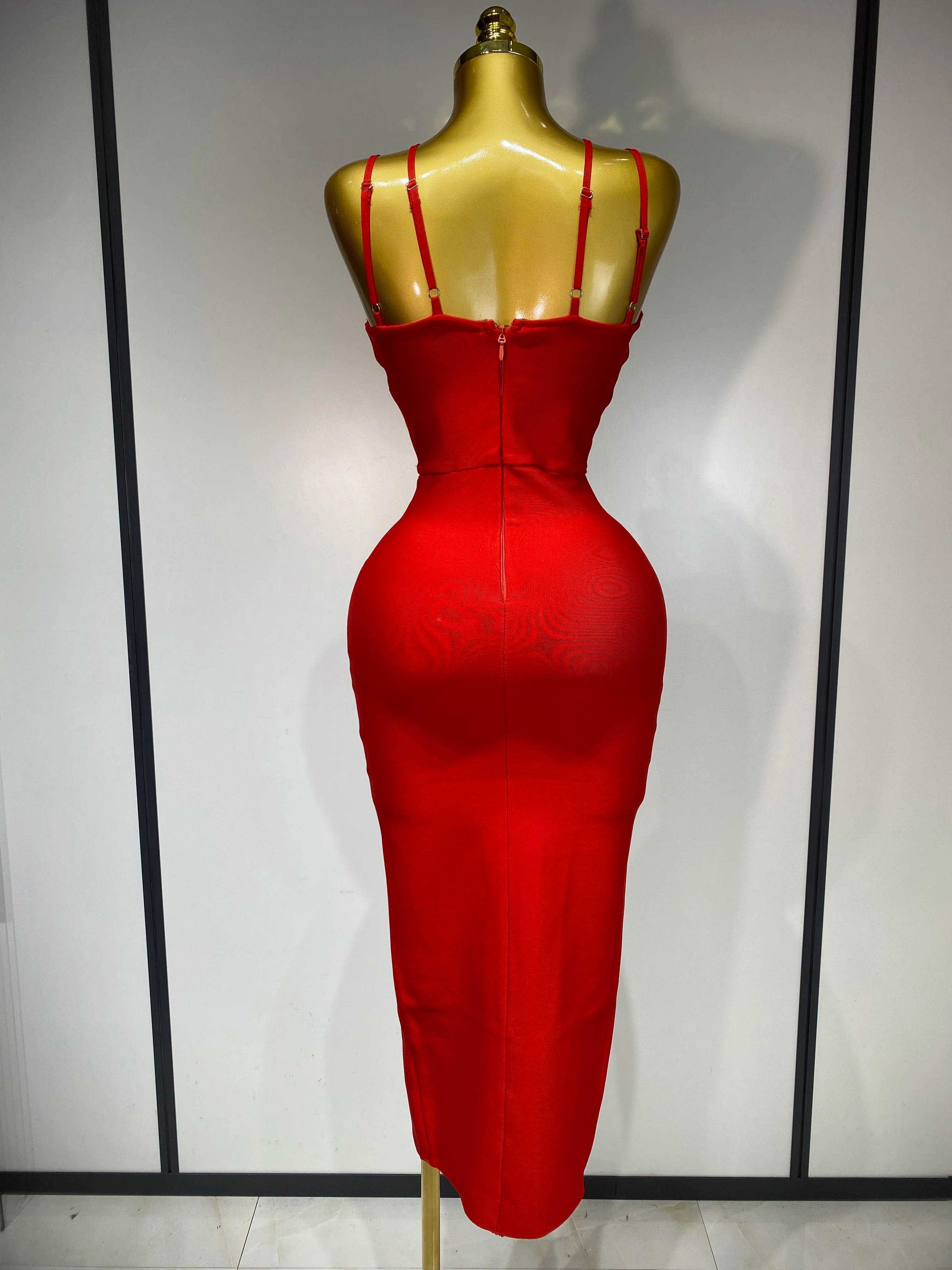 Women Sexy Sleeveless Hollow out Split Backless Red Midi Bandage Dress 2025 Celebrity Elegant Evening Luxury Birthday Dresses