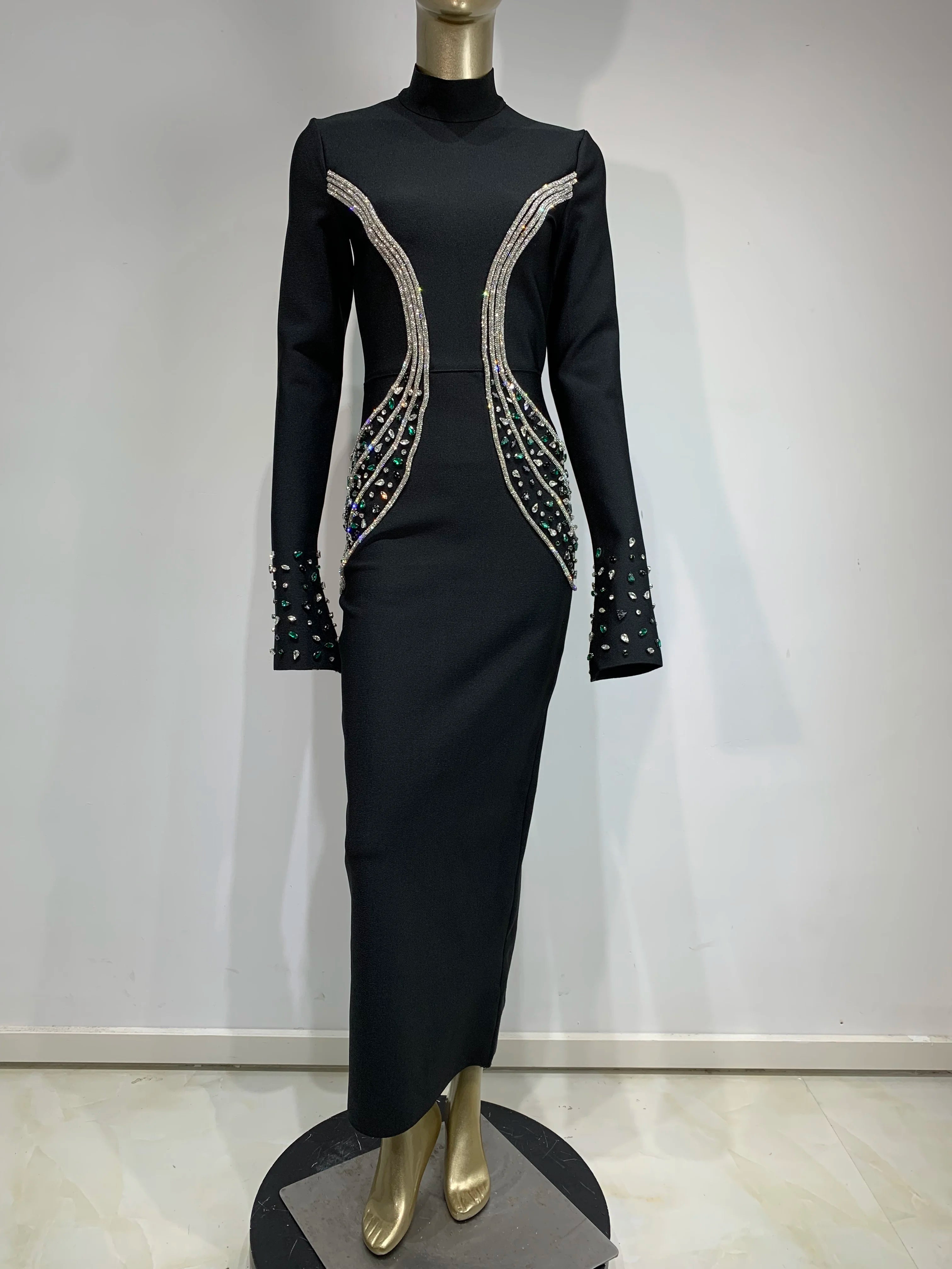 Women Celebrity Sexy Beading Crystal Diamonds Black White Maxi Long Bodycon Bandage Dress 2024 Elegant Evening Club Party Dress