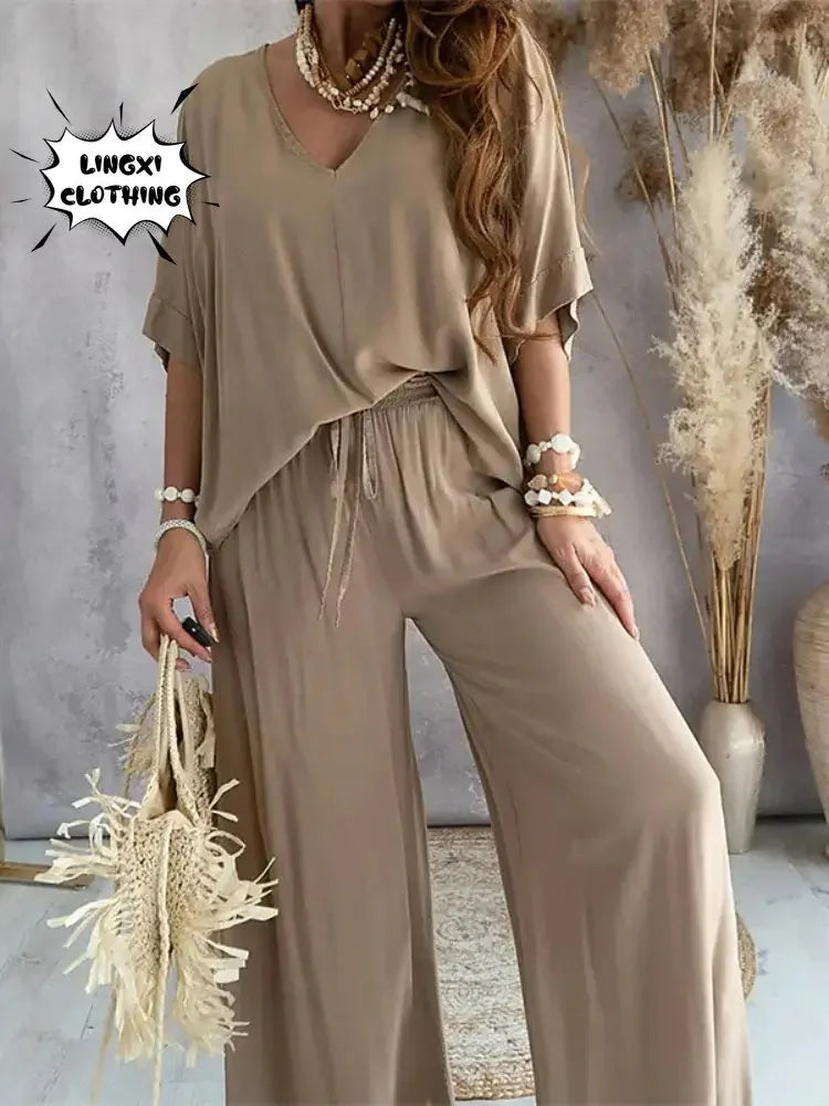 2024 Summer Fashion New Women's Elegant Loose High Waist Plus Size Set Off Back Elastic Waist Retro Women's Two Piece Set
