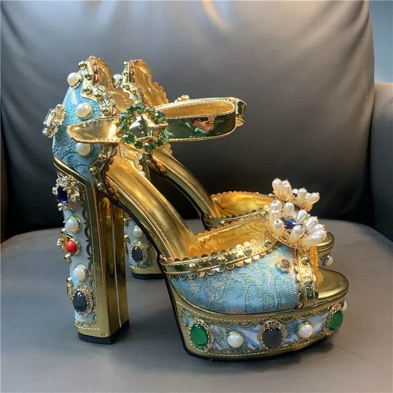 Women Chunky High Heels Shoes Platform Sandals For Women Rhinestone Metallic Gold Leather Shoes Woman Peep Toe Wedding Shoes green