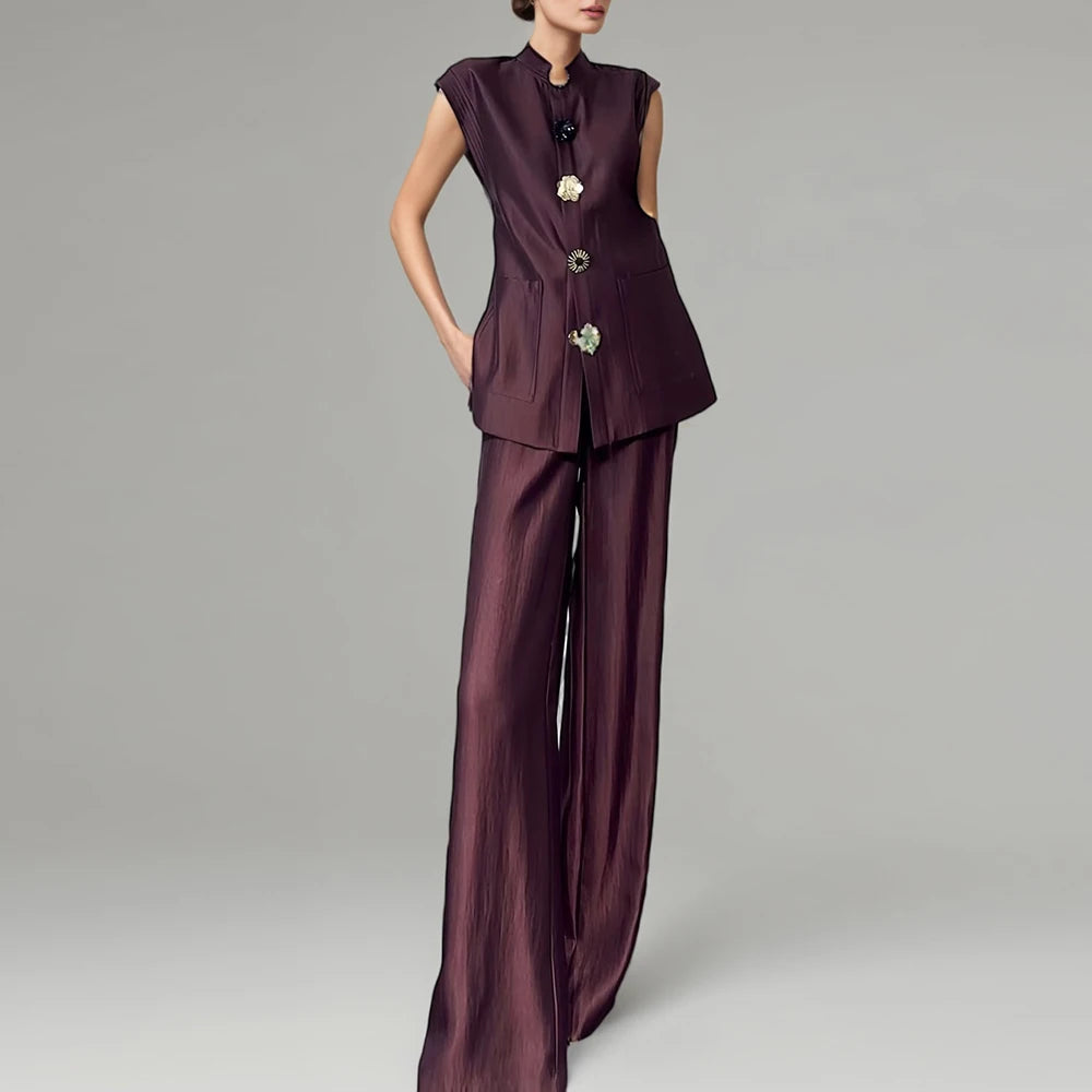 Fashion Two Piece Sets for Women Round Neck Sleeveless Spliced Irregular Button Top High Waist Pant Set Female New WINERED