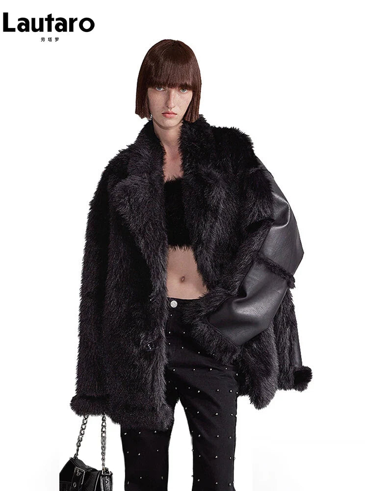 Autumn Winter Cool Loose Black Thick Warm Soft Hairy Faux Sheepskin Coat Women Luxury Designer Clothes Fluffy Jacket Black